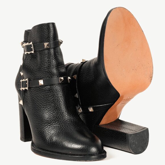 Valentino Garavani Rockstud Pebbled Leather Black Ankle Boots - Picture 4 of 11